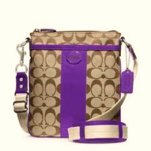 Coach Crossbody Bag | khaki signature pattern | purple accent trim